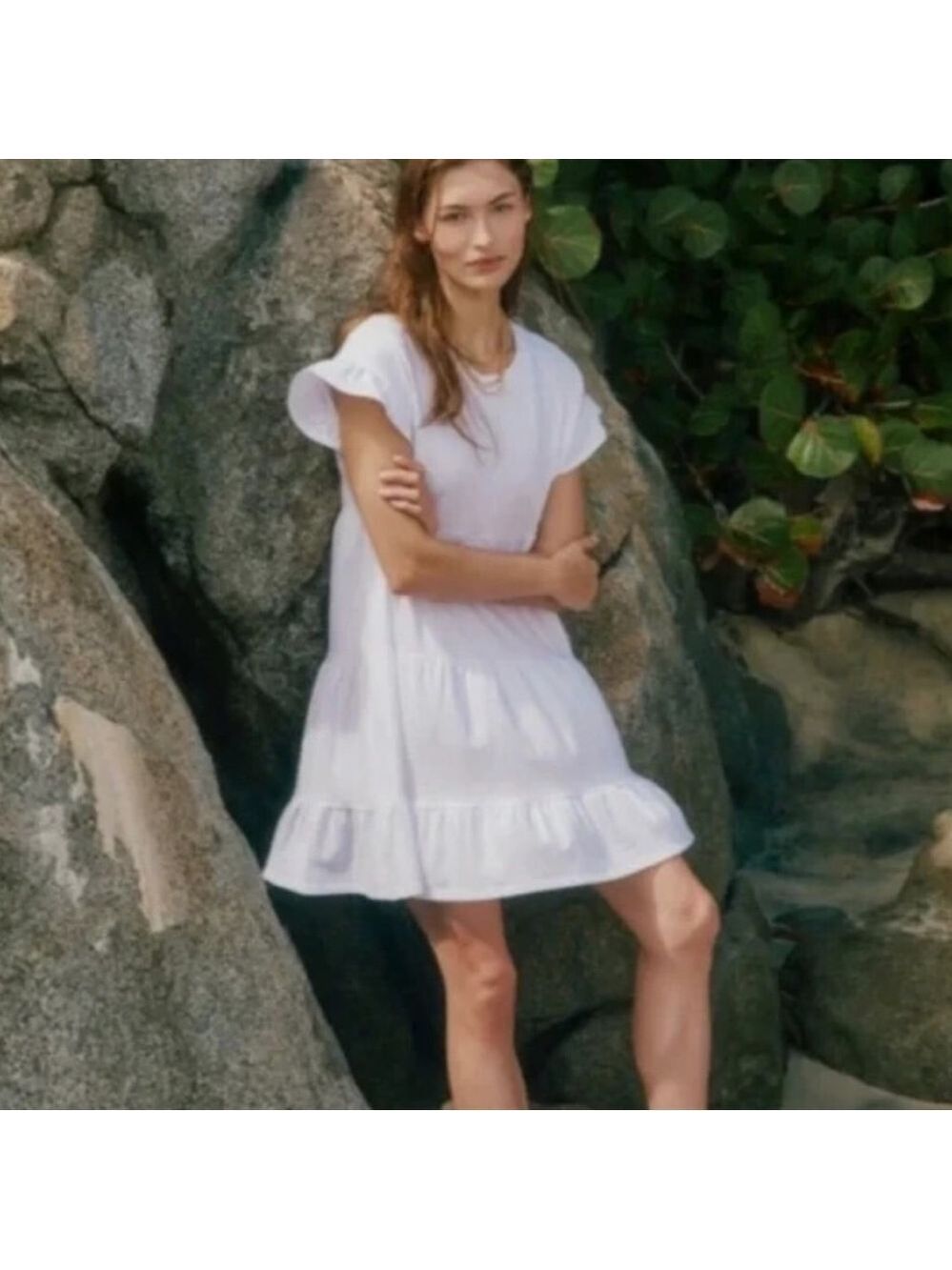 J. Crew swingy tiered jersey dress ruffle flutter sleeve white XS